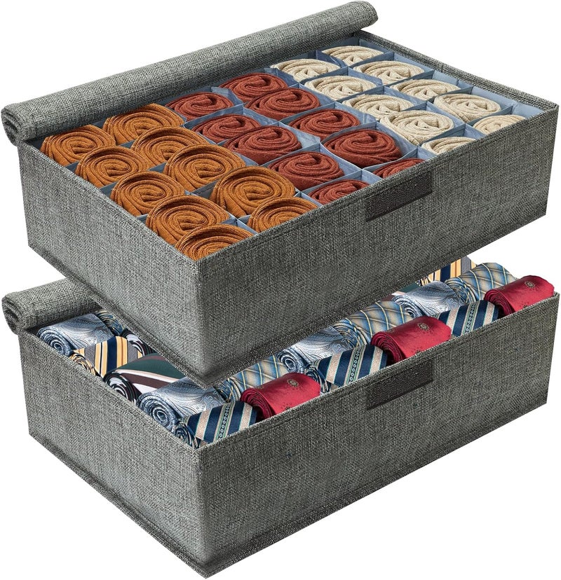 PINGMIC Gray Sock Organizer Divider 2 Pack with Lid - 30 Cell Foldable Closet Storage, Tie Organizer For Men Boxes for Socks, Ties, Belts - Image 1